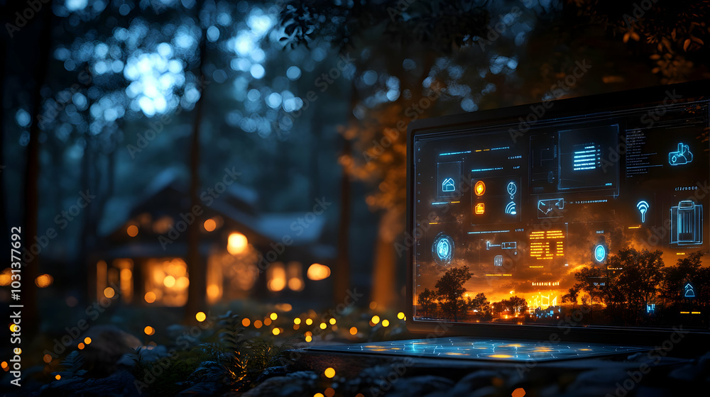 Aufkleber a laptop displaying digital data in a serene forest setting.