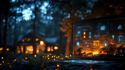 Fototapeta premium A laptop displaying digital data in a serene forest setting.