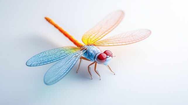 colorful 3D cartoon style dragonfly with vibrant wings and large eyes, showcasing its intricate details and lively appearance. This whimsical creature appears to be buzzing in air, evoking sense of