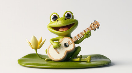 Obraz premium cheerful cartoon style frog is playing guitar while sitting on large green leaf next to white flower. This whimsical scene captures joyful and playful atmosphere