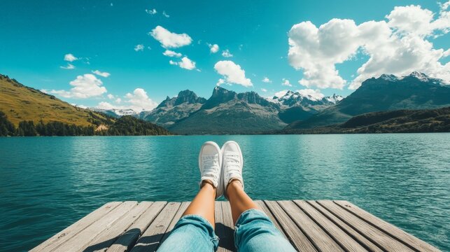 A woman sitting at the edge of a dock, her feet dangling over the water, looking at the mountains across the lake.