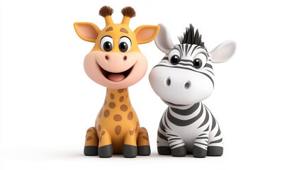 cheerful cartoon style giraffe and zebra are happily posing together, showcasing their playful friendship. Their bright colors and friendly expressions create joyful atmosphere