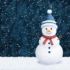 Fototapeta premium A cheerful snowman in a snowy landscape with a blue background.
