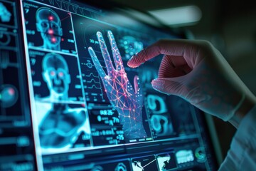 Fototapeta premium Pancreas testing results on digital interface in laboratory or surgical background, innovative technology in science and medicine concept. medical technology