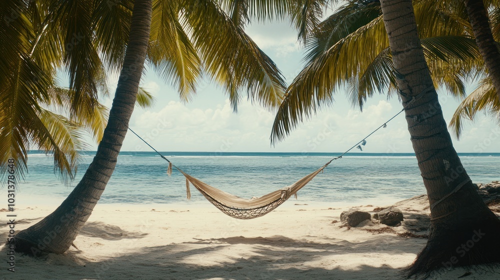 Poster a white hammock hangs between two palm trees on a pristine beach with turquoise water in the backgro