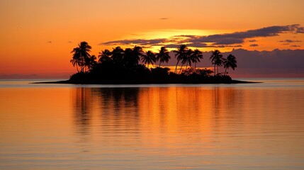 A small, tropical island with palm trees is silhouetted against a fiery sunset. The setting sun casts an orange glow on the water.