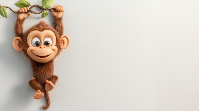 Cute cartoon monkey hanging upside down from branch, showcasing playful and cheerful expression. This adorable character brings joy and fun to any setting