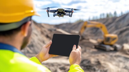 An operator controls a drone using a tablet on a construction site, showcasing modern technology in excavation and surveying.