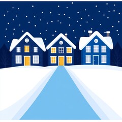 Three cozy winter houses under a starry night sky with snow-covered ground.