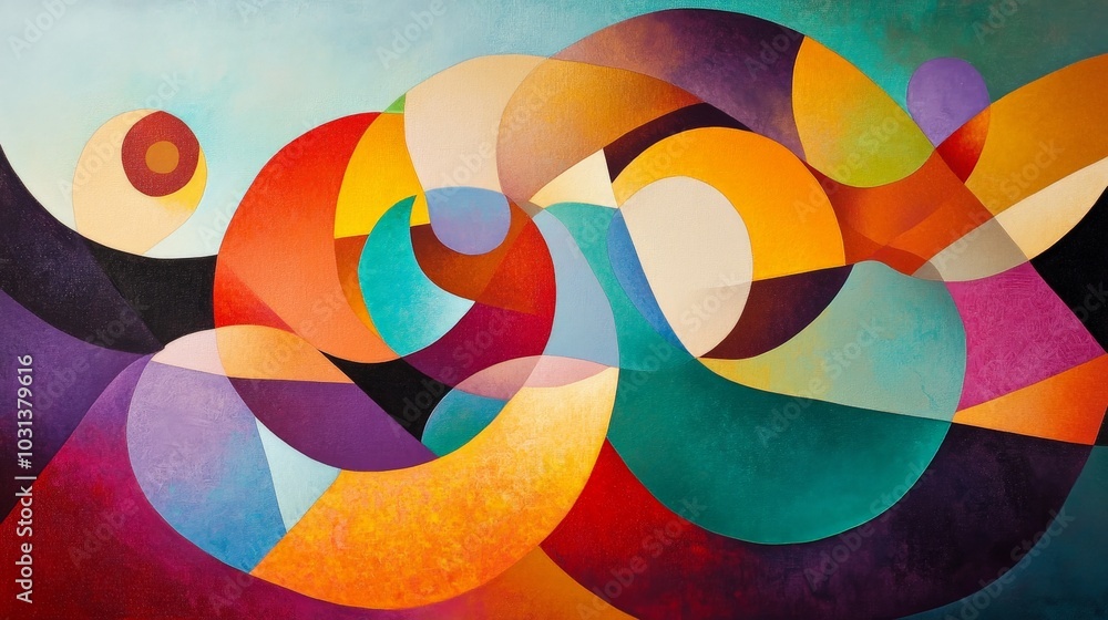 Poster a vibrant composition of abstract shapes and colors, harmoniously arranged to create depth and movem