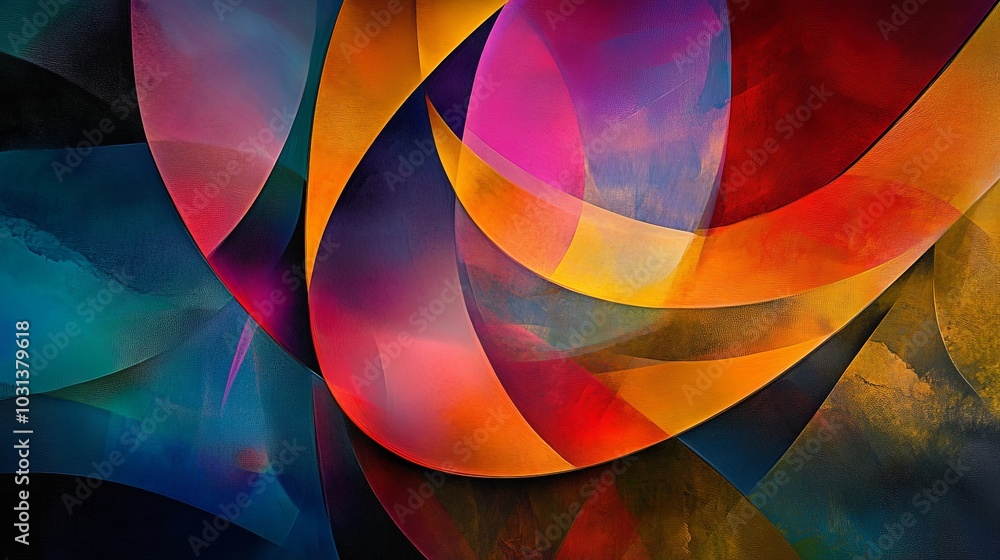 Poster a vibrant composition of abstract shapes and colors, harmoniously arranged to create depth and movem