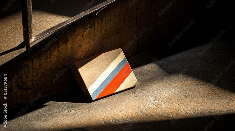 Poster colorful box resting on a textured surface with shadow play