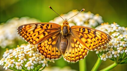 Close-up of small pearl bordered fritillary butterfly boloria selene on yarrow flower