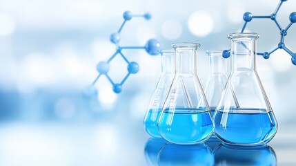 Blue liquid in laboratory flasks, showcasing a scientific environment with molecular structures in the background, ideal for research themes.