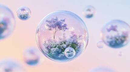 A whimsical composition of floating bubbles, each containing a miniature world, set against a dreamy gradient sky background.