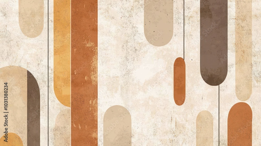 Poster abstract geometric pattern with vertical lines and rounded shapes in muted brown, beige, and orange 
