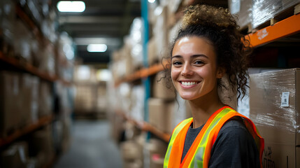 Smiling worker in a warehouse wearing a safety vest.