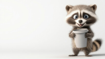 Obraz premium Cute cartoon style raccoon holding white cup, displaying joyful expression. This adorable character is perfect for childrens themes or playful designs