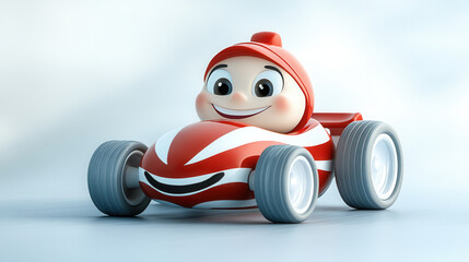 Naklejka premium cheerful cartoon style race car with smiling character, featuring vibrant red and white design, zooms forward with excitement
