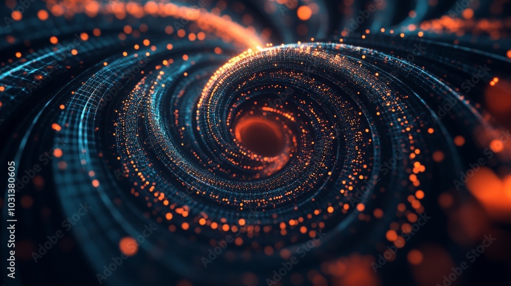 Poster a 3d abstract composition of glowing lines and spheres, arranged in a spiral pattern against a dark 