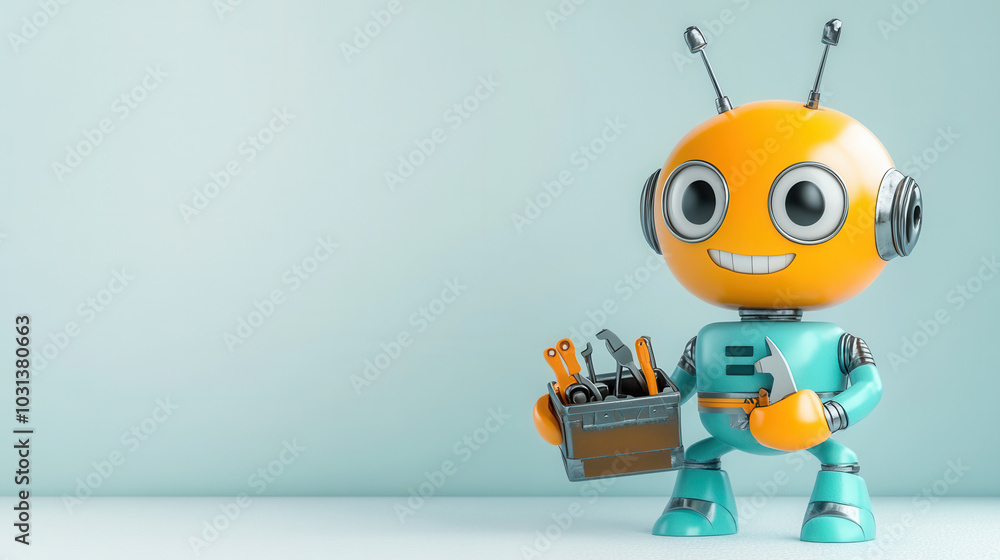 Poster cheerful cartoon style robot holds toolbox filled with various tools, ready for action. its bright c