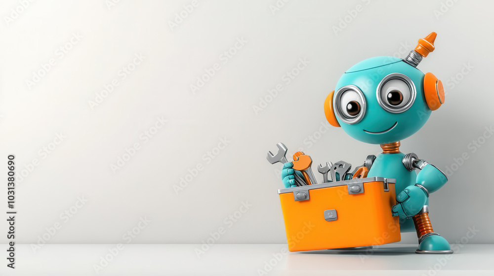 Poster cheerful cartoon style robot holds toolbox filled with various tools, ready for action. its bright c