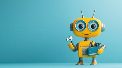 cheerful cartoon style robot holds toolbox filled with various tools, ready for action. Its bright yellow color and friendly expression evoke sense of creativity and fun