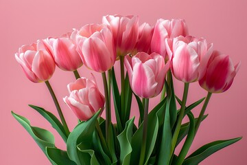 Fototapeta premium A vase filled with pink tulips against a pink background