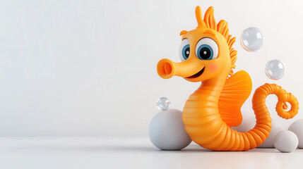 cheerful 3D cartoon style seahorse floats playfully among bubbles and white spheres, creating whimsical underwater scene. Its vibrant orange color adds fun touch to design