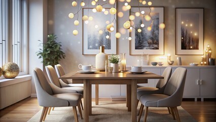 Elegant Dining Room with Unique Table and Chairs Featuring Bokeh Effect for Creative Decor Inspiration