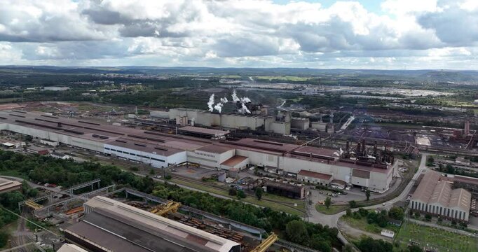 Blast furnace installation in Dillingen Saar, Germany, Production of metals. Aerial drone video