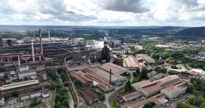 Blast furnace installation in Dillingen Saar, Germany, Production of metals. Aerial drone video