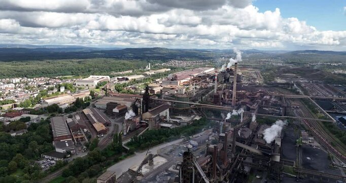 Blast furnace installation in Dillingen Saar, Germany, Production of metals. Aerial drone video