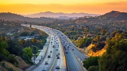 Obraz premium A scenic highway winds through a valley at sunset, with cars traveling along the road, surrounded by lush green trees and hills.