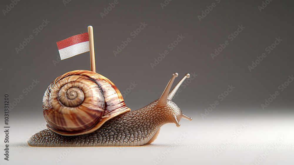 Poster cartoon style snail is moving slowly, proudly displaying small flag. this whimsical creature capture