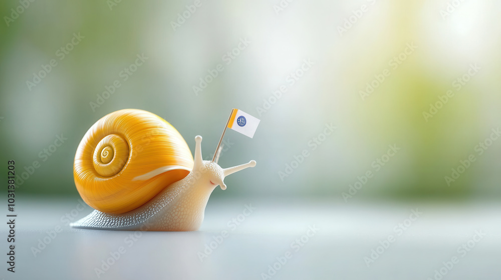 Poster cartoon style snail with bright yellow shell is moving slowly, proudly displaying small flag. soft b