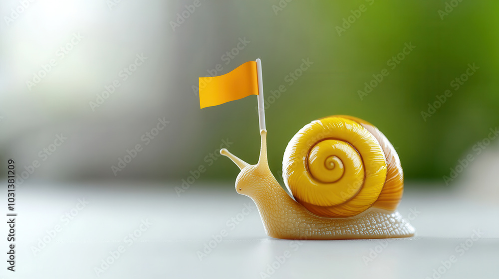 Poster cartoon style snail with bright yellow shell and small flag is slowly moving across surface. cheerfu