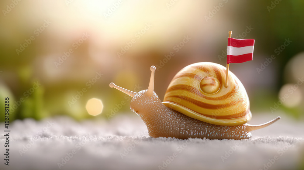 Poster cartoon style snail moving slowly with small flag, showcasing whimsical and playful scene. vibrant c