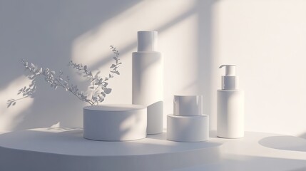 A clean and minimalist 3D scene of skin care products in sleek packaging, arranged on a smooth white surface with light reflections and shadows.