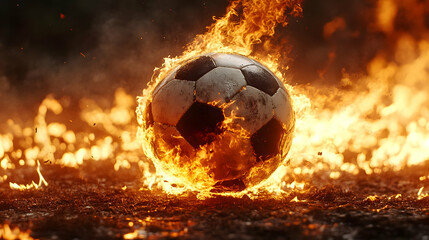 Fototapeta premium A soccer ball engulfed in flames on a dark background.