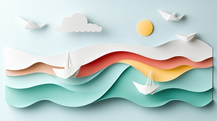 Obraz premium Colorful paper cut sea scene with boats and clouds, white isolated background.