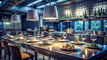 Elegant Empty Culinary Setup in High-End Restaurant Ready for Gourmet Dining Experience and Culinary Creativity