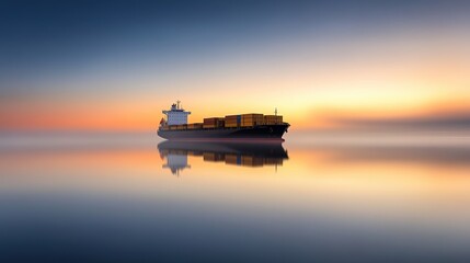 Fototapeta premium Cargo ship sailing at sunrise across calm waters, tranquil atmosphere.
