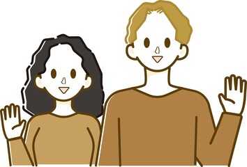 2人並んで手を振る笑顔の外人男性と外人女性