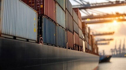 Close-up of stacked shipping containers at a port during sunset.