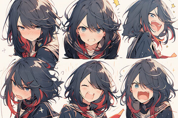 set Angry expression anime girl black hair school uniform with white background