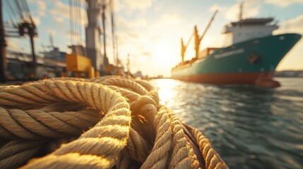 Obraz premium Coiled rope in focus with a ship sailing in the background at sunset.