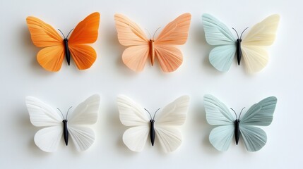 Colorful butterflies arranged on a white isolated background.