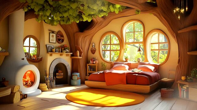 A warm and cozy bedroom styled like a treehouse with wooden furnishings and a fireplace, surrounded by nature. Seamless loop video background