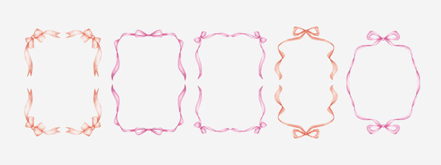 Ribbon Bow frame border set watercolor art style for christmas or valentine banner, invitation, cards.